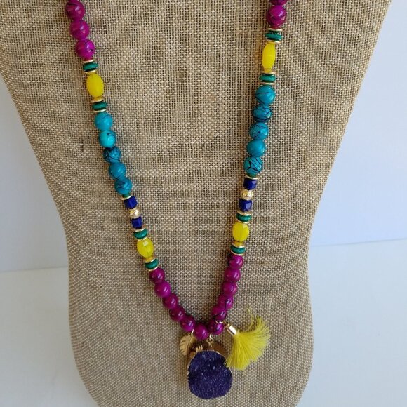 New Directions Beaded Druzy Necklace 30" Aqua, Magenta, Yellow Gold Findings - Picture 1 of 4
